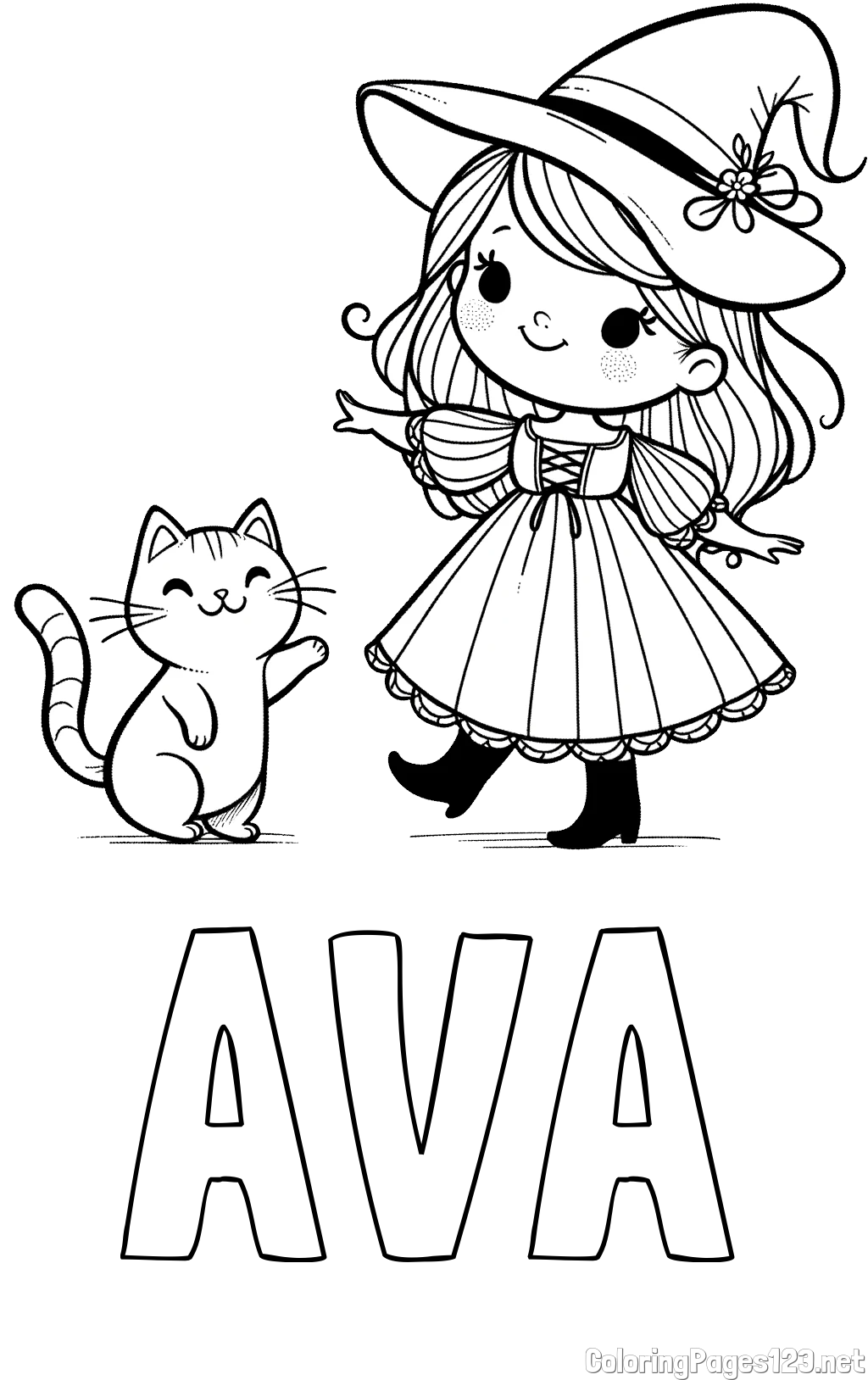 AVA Coloring Page and Coloring Page of a Cute Witch and a Subordinate Cat