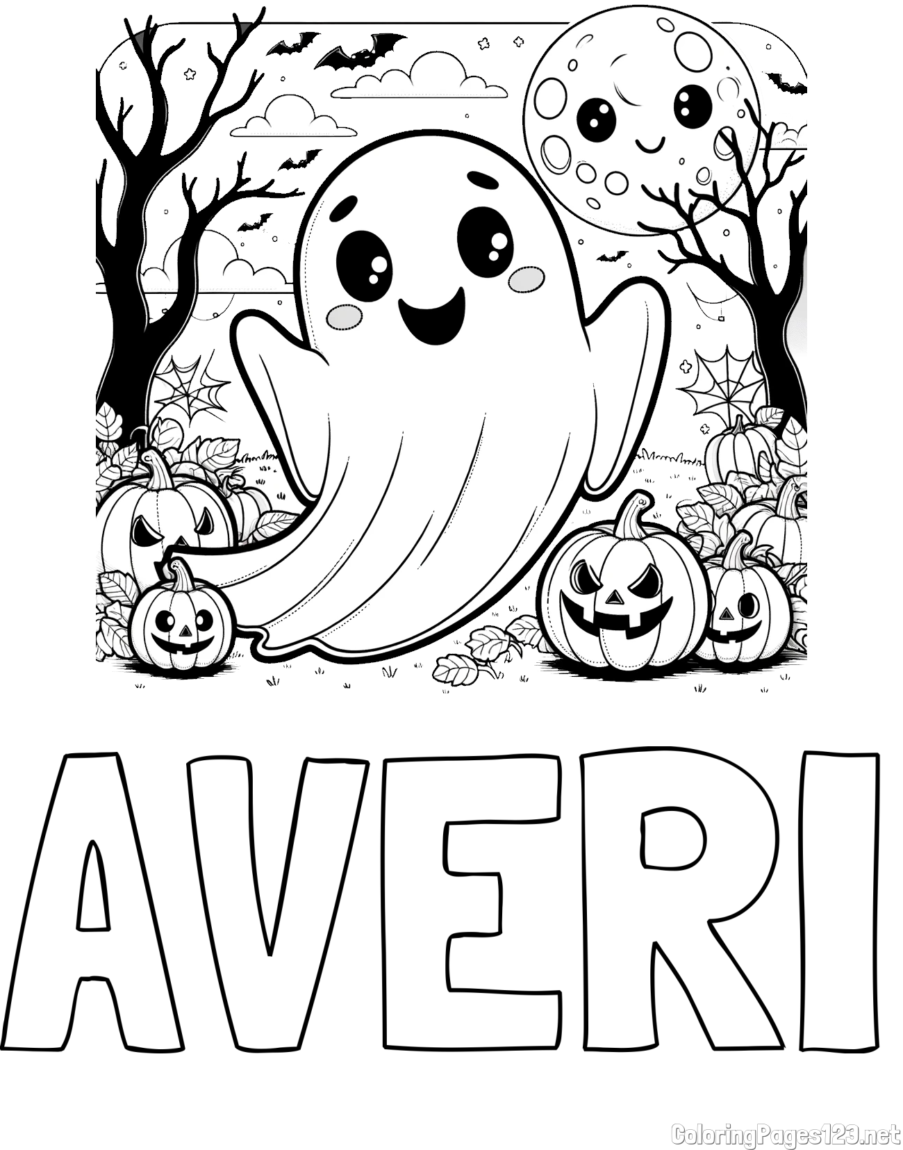 AVERI Coloring Page and Halloween Coloring Page of a Ghost with Pumpkins