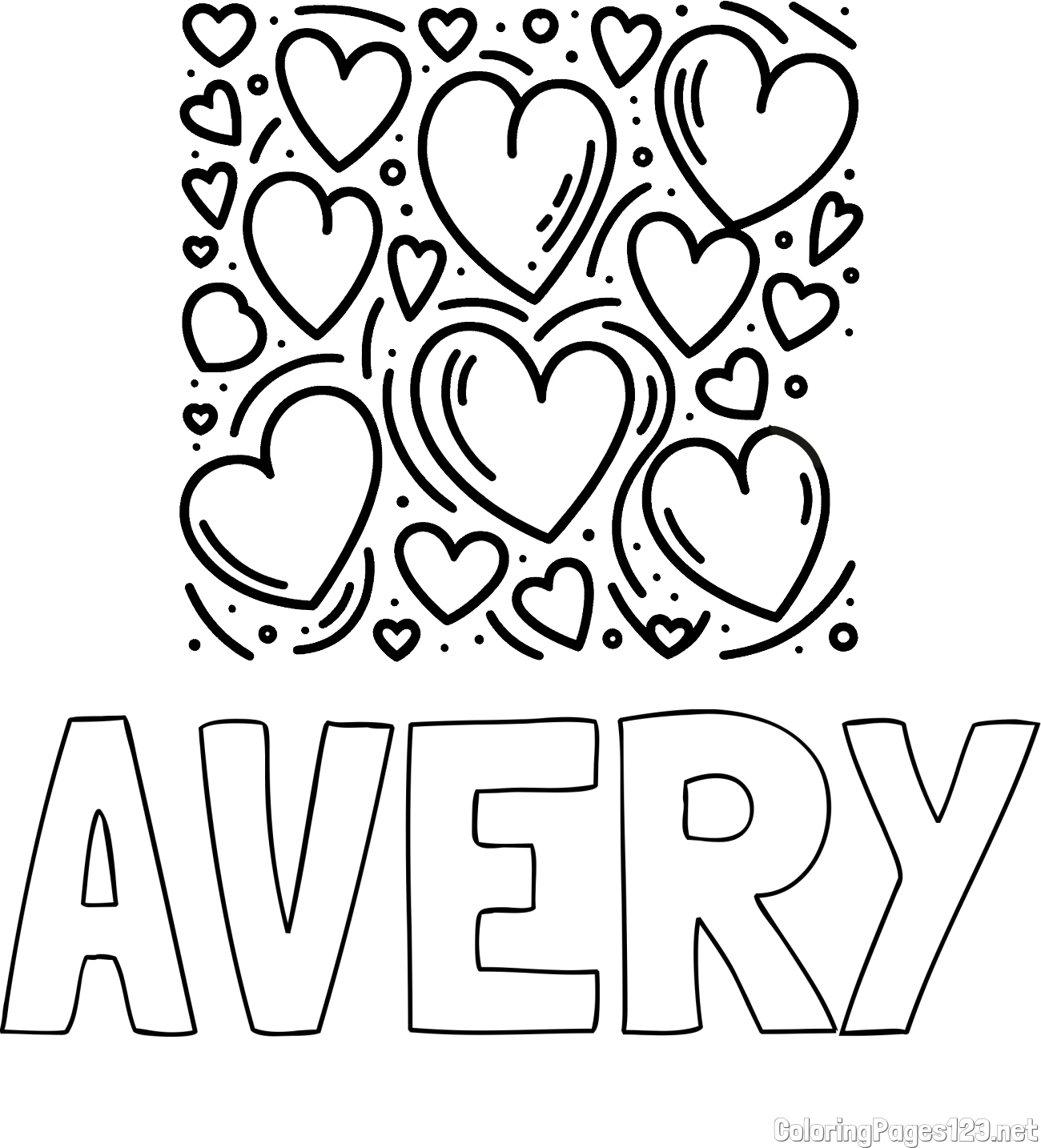 AVERY Coloring Page alongside Free Printable Coloring Page of Hearts