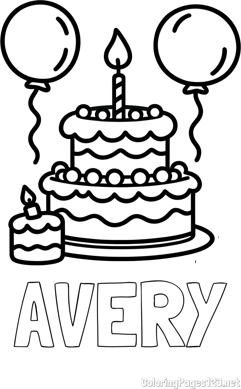 AVERY Coloring Page and Birthday Cake Coloring Page with Balloons