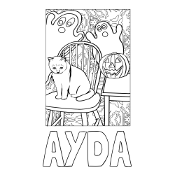 Online Created Coloring Page - AYDA Coloring Page and Halloween Coloring Page of a Cat with Pumpkin and Spooky Ghosts