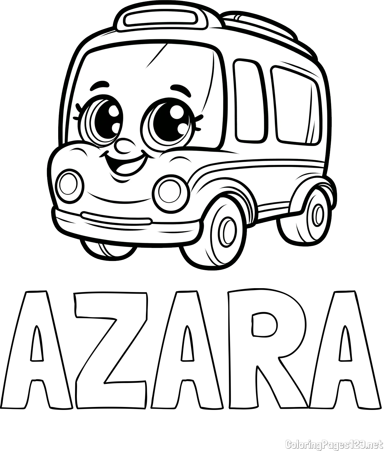 AZARA Coloring Page and Coloring Page of a Smiling Bus