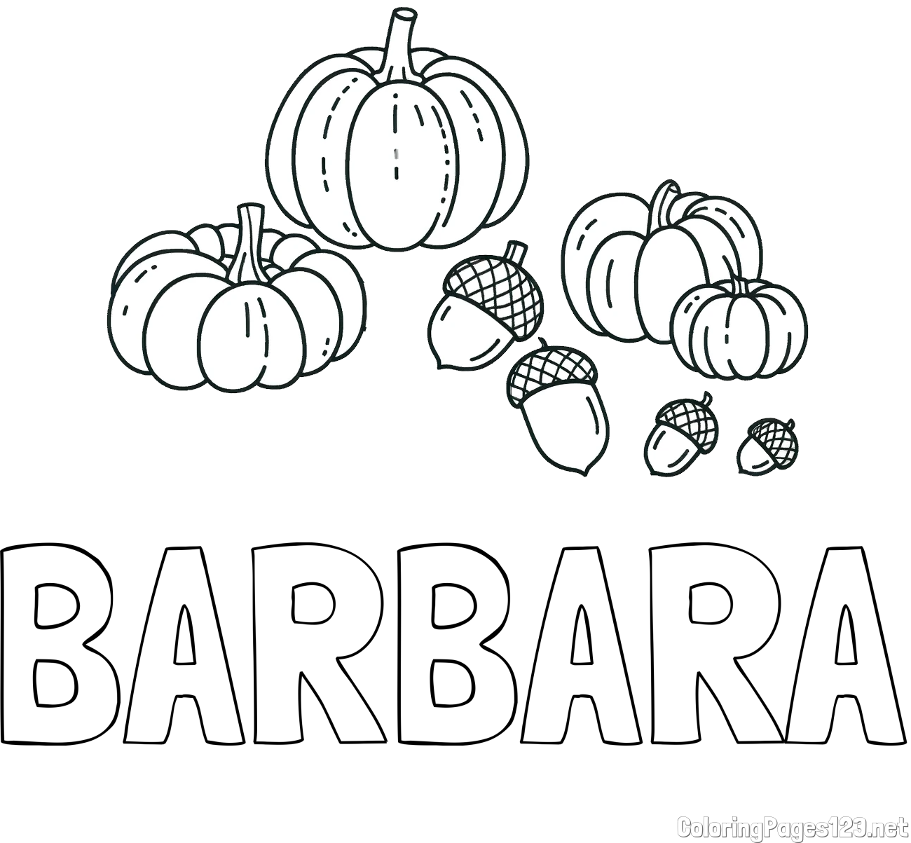 BARBARA Coloring Page and Autumn Harvest Coloring Page - Acorns and Pumpkins