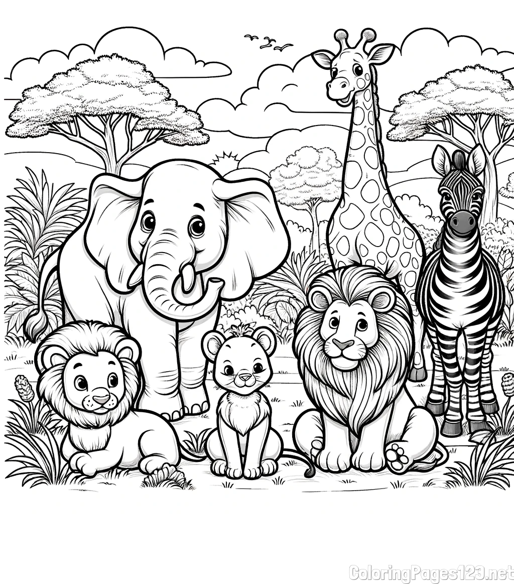Beautiful Animal Coloring Page - Lion Family, Elephant, Giraffe, and Zebra