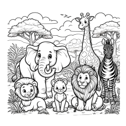 Beautiful Animal Coloring Page - Lion Family, Elephant, Giraffe, and Zebra