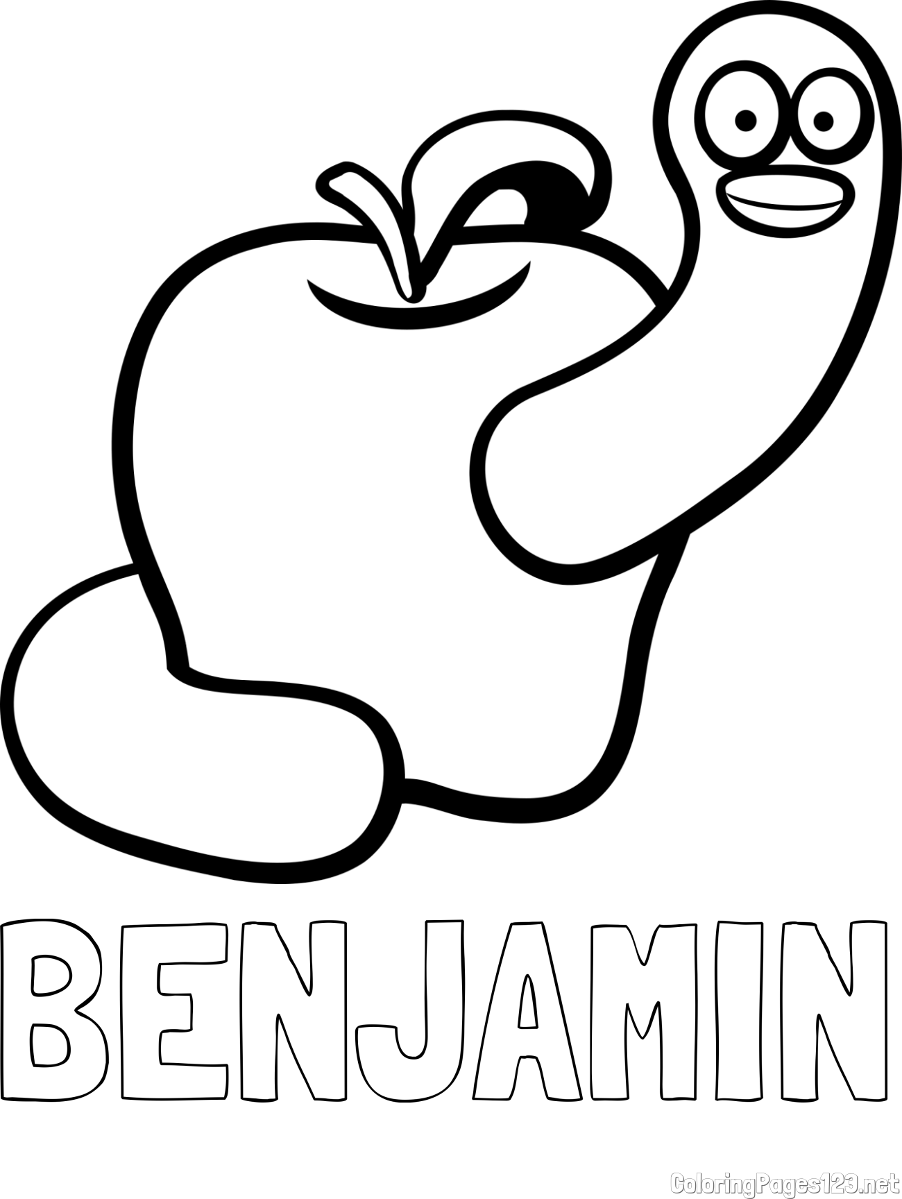 BENJAMIN Coloring Page and Apple and Smiling Worm Coloring Page