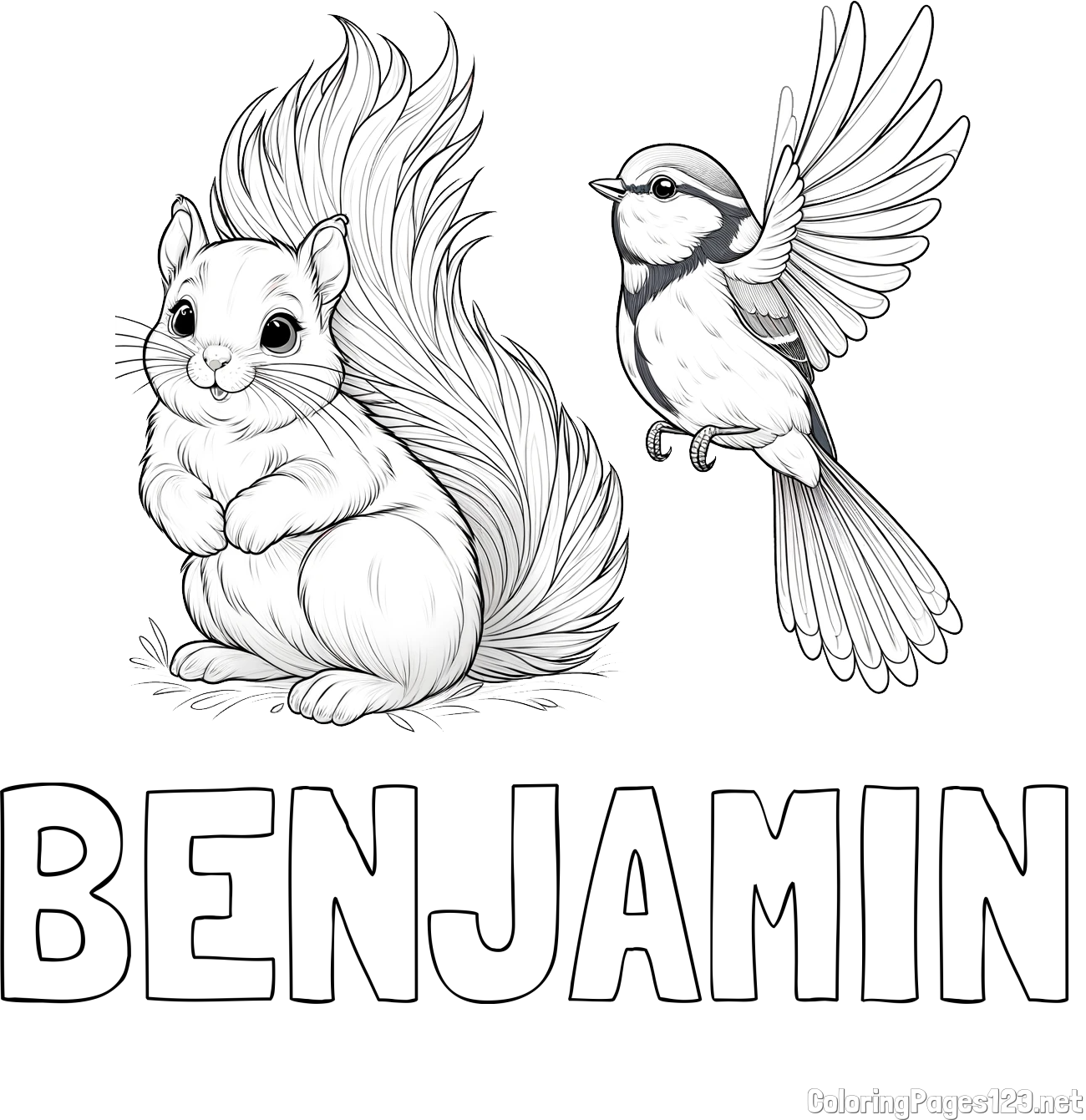 BENJAMIN Coloring Page and Coloring Page of a Squirrel and a Bird