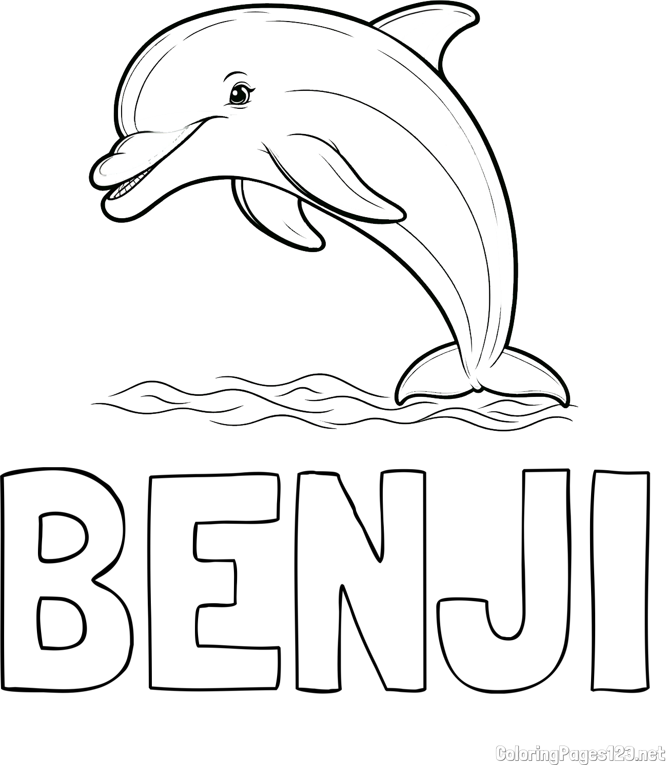 BENJI Coloring Page and Children's Coloring Page of a Smiling Dolphin Jumping