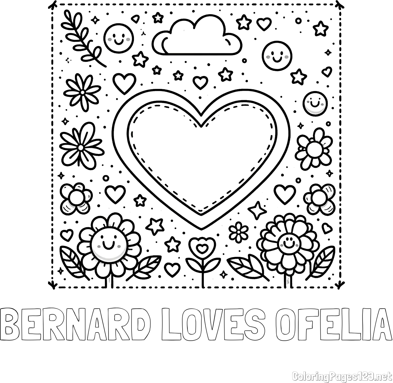 BERNARD LOVES OFELIA Coloring Page and Free Printable Coloring Page of Heart and Flowers