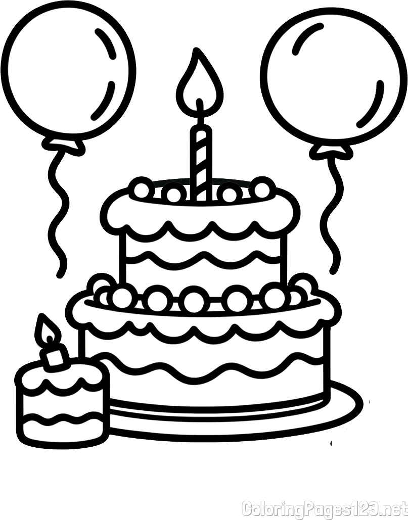 Birthday Cake Coloring Page with Balloons