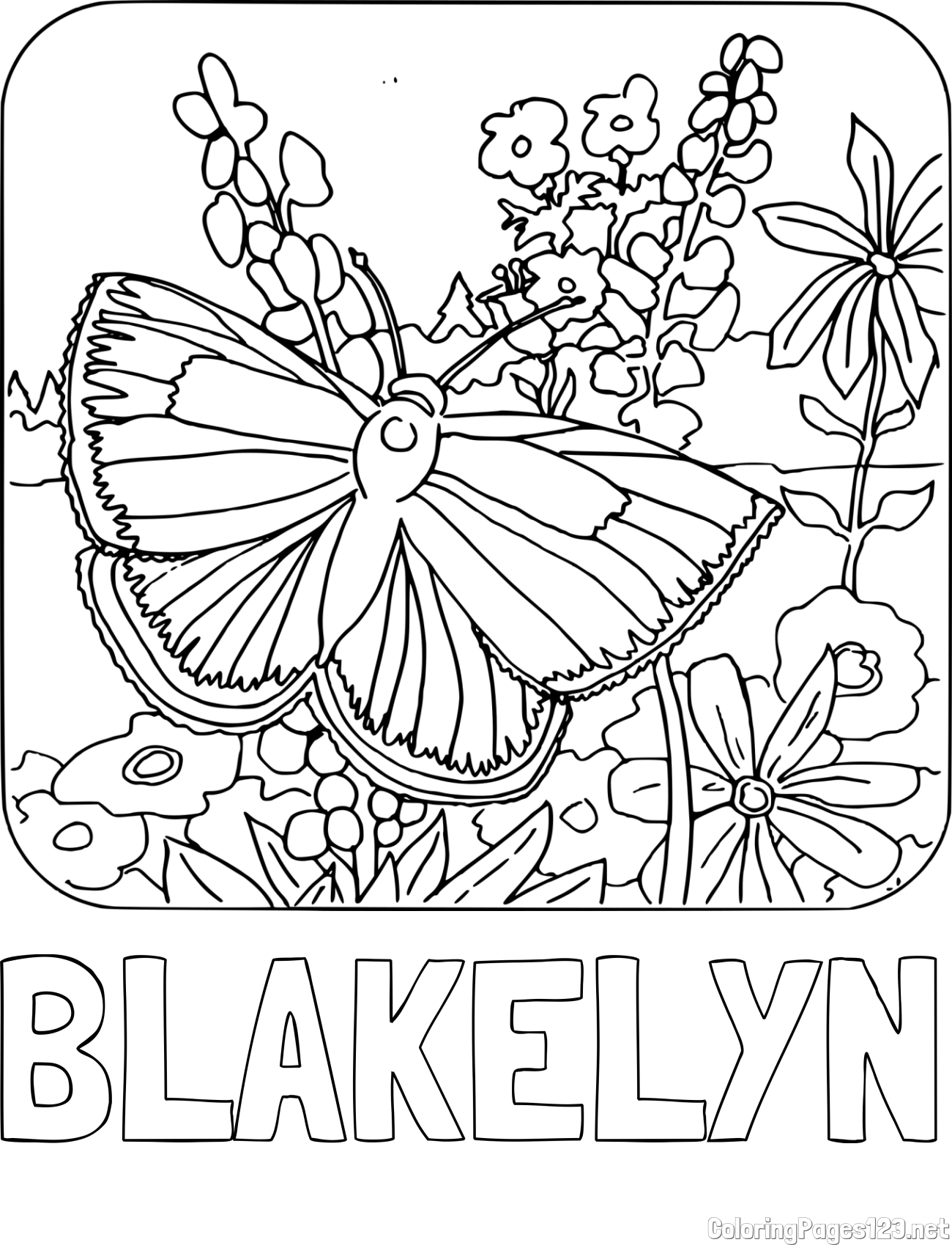 BLAKELYN Coloring Page and Butterfly on Flower Coloring Page