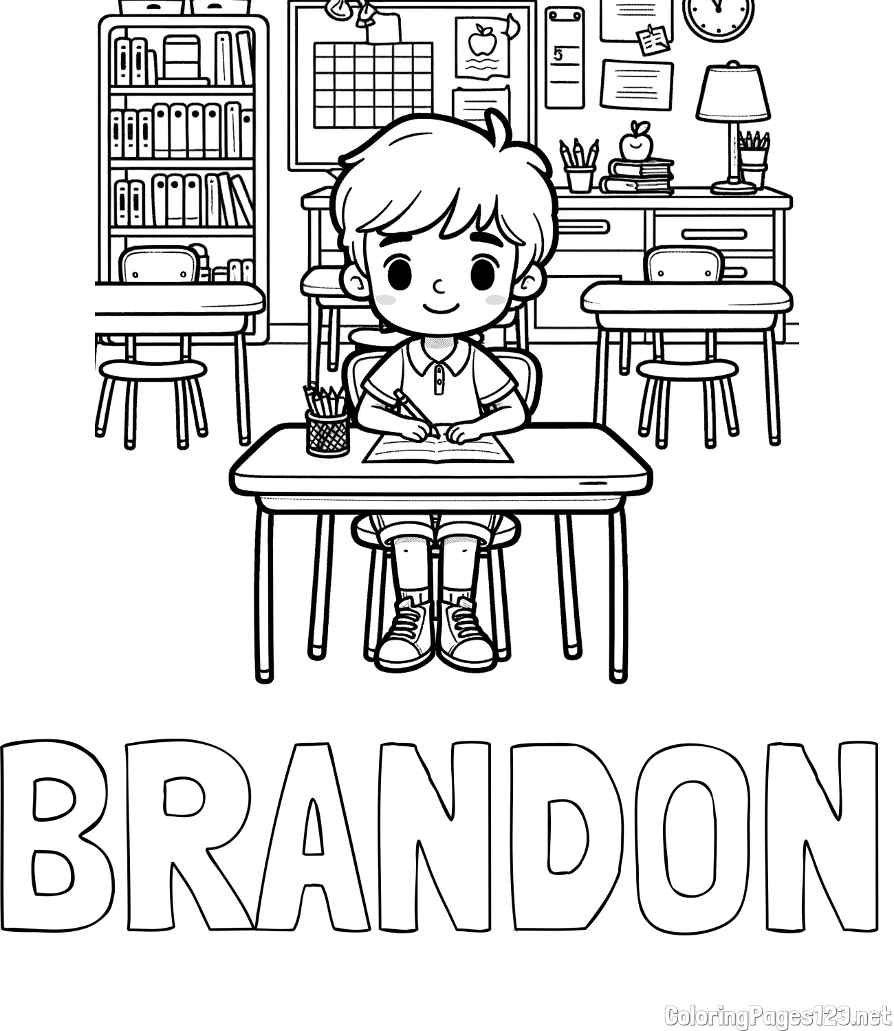 BRANDON Coloring Page and Cute Student in Class Coloring Page