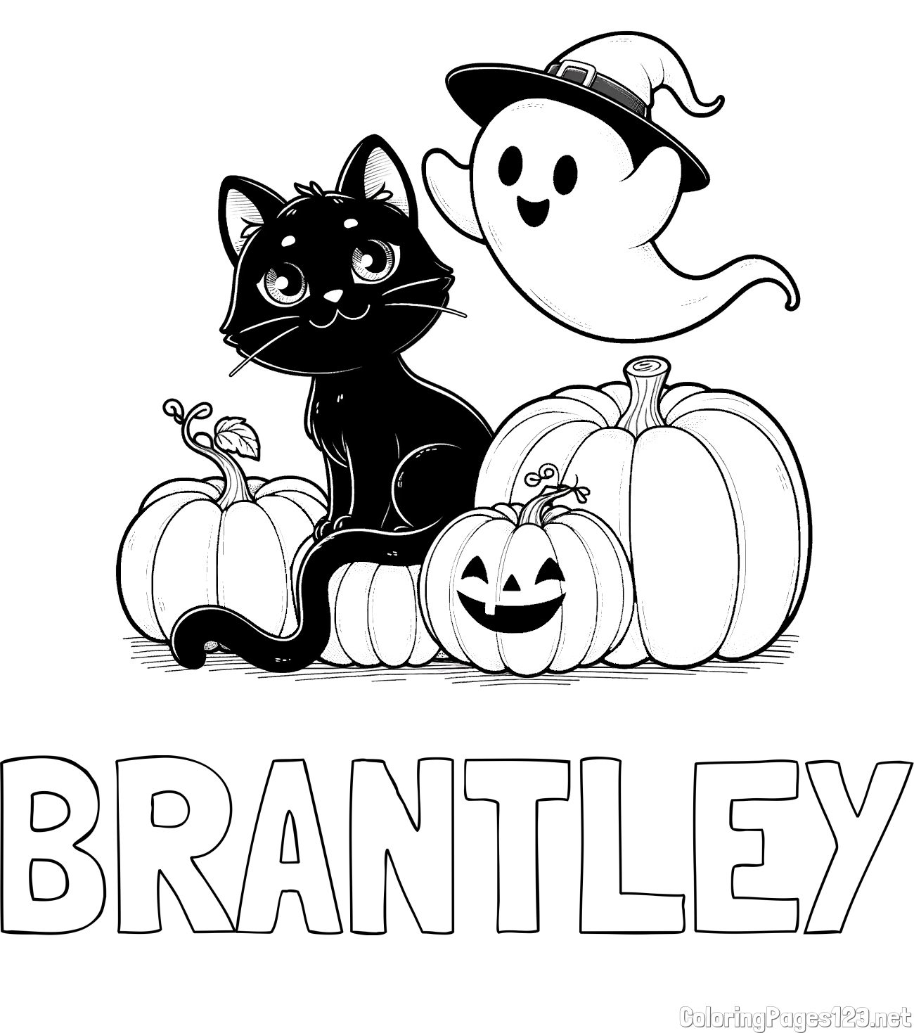 BRANTLEY Coloring Page and Halloween Pumpkin Coloring Page for Kids - Happy Cat, Ghost, and Pumpkins