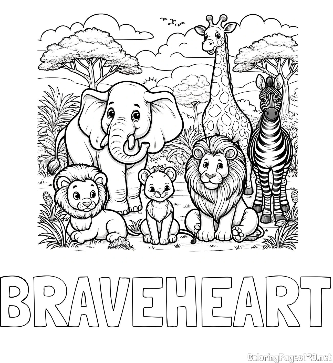 BRAVEHEART Coloring Page and Beautiful Animal Coloring Page - Lion Family, Elephant, Giraffe, and Zebra