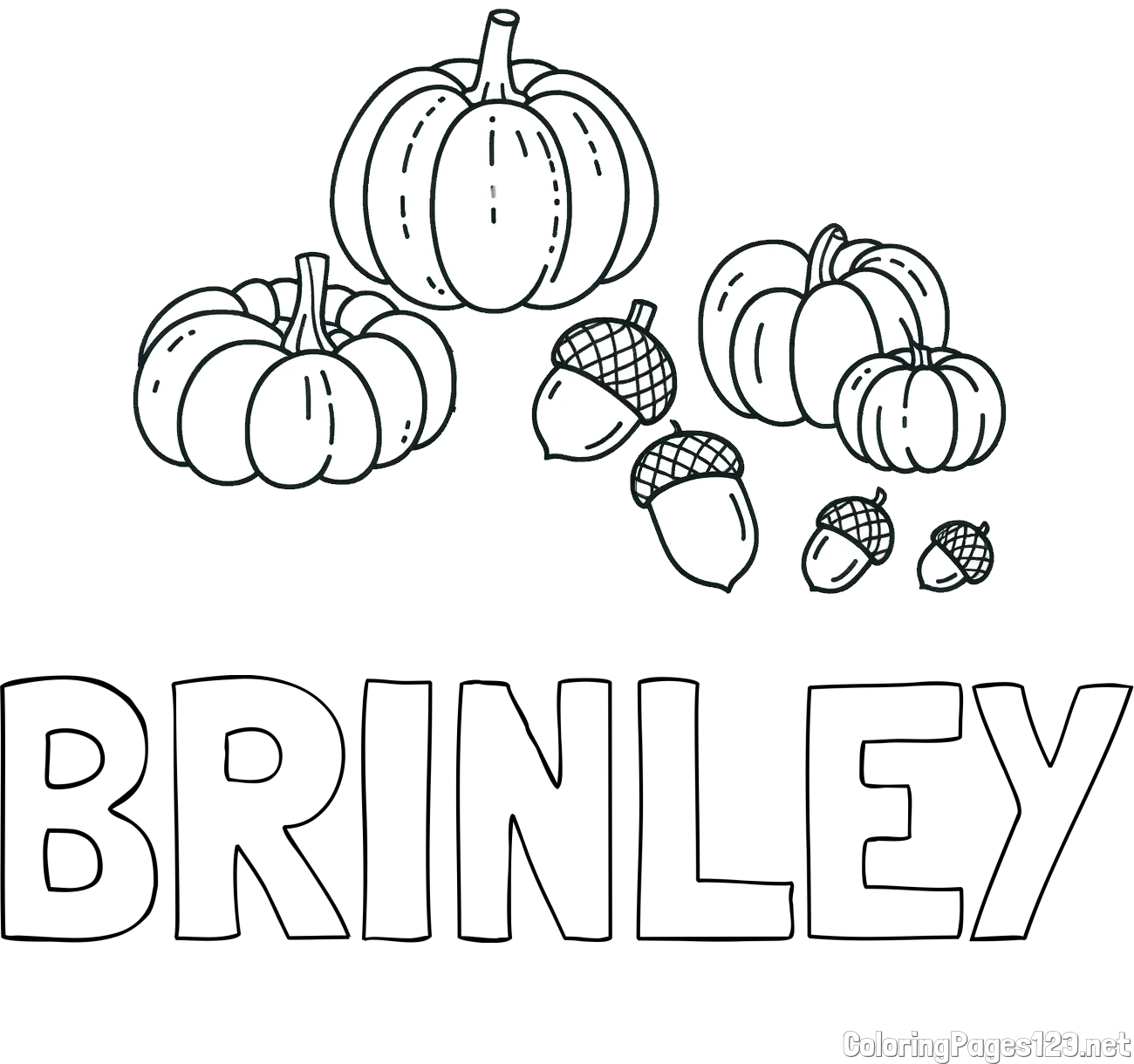 BRINLEY Coloring Page and Autumn Harvest Coloring Page - Acorns and Pumpkins