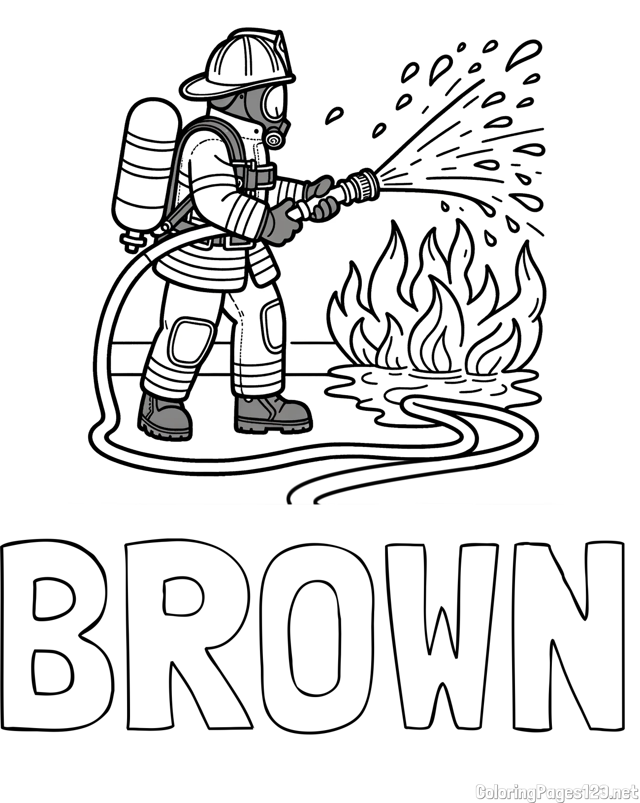 BROWN Coloring Page and A coloring page of a firefighter and a big fire