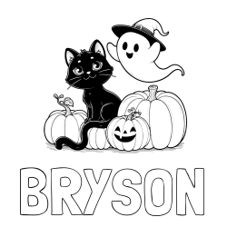 Online Created Coloring Page - BRYSON Coloring Page and Halloween Pumpkin Coloring Page for Kids - Happy Cat, Ghost, and Pumpkins