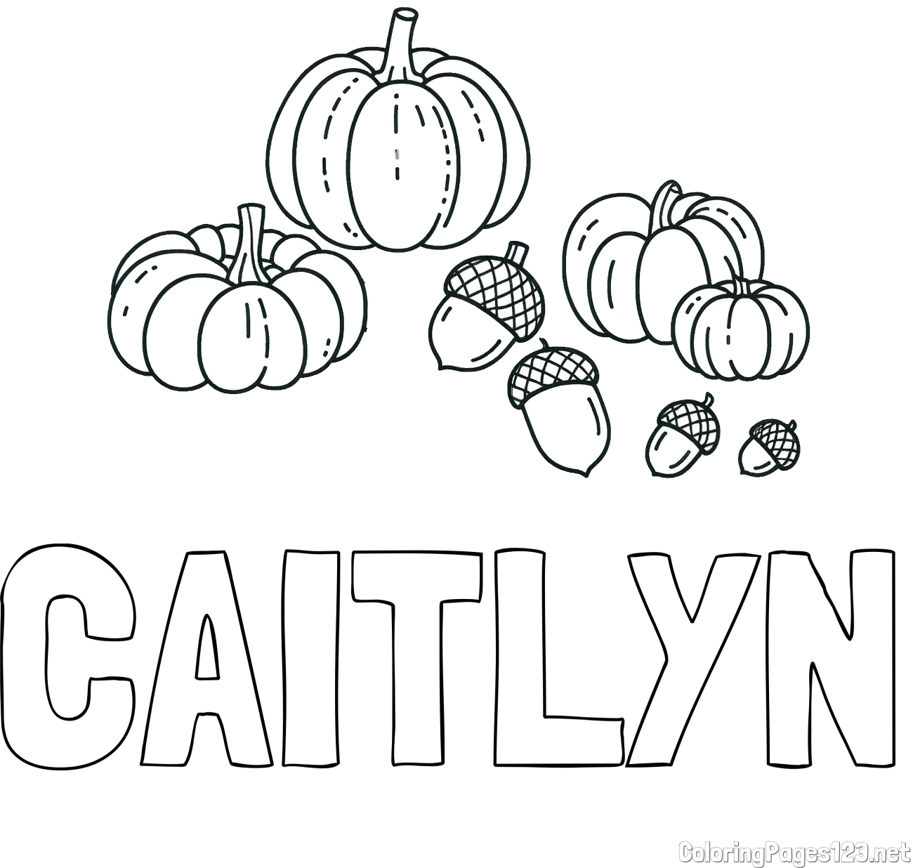 CAITLYN Coloring Page and Autumn Harvest Coloring Page - Acorns and Pumpkins