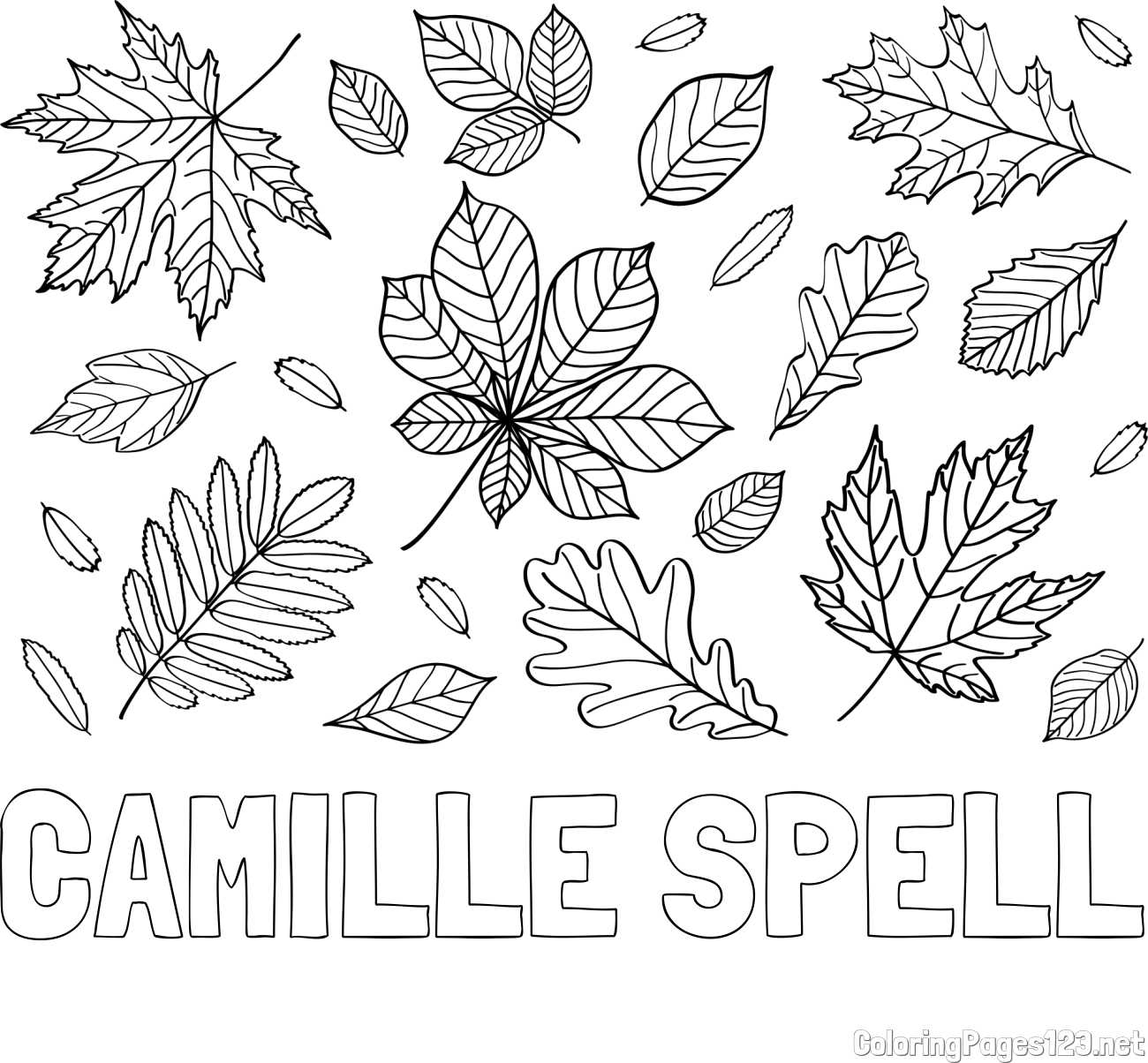 CAMILLE SPELL Coloring Page and Autumn Leaves Coloring Page