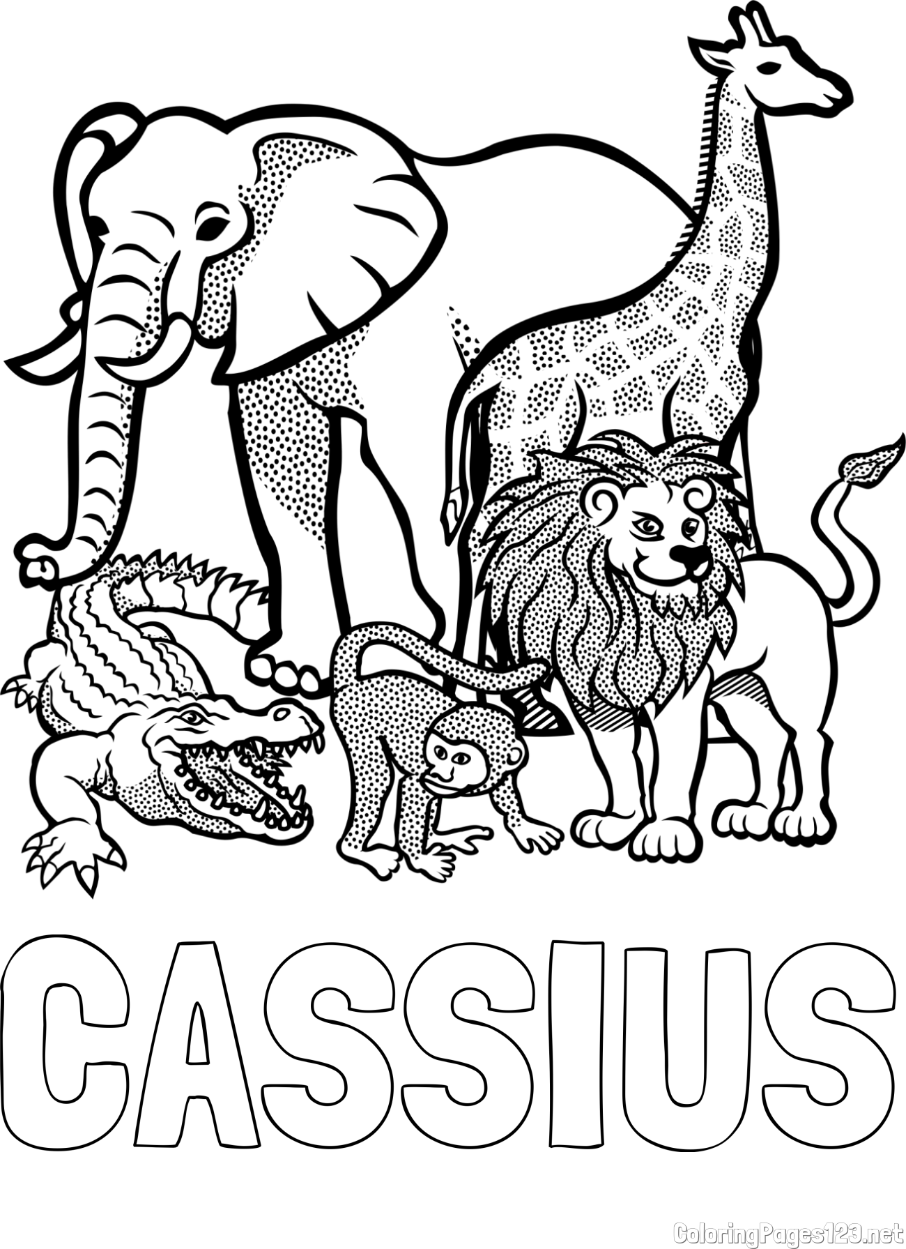 CASSIUS Coloring Page alongside Zoo Animals Coloring Page - Elephant, Tiger, Monkey, and Crocodile