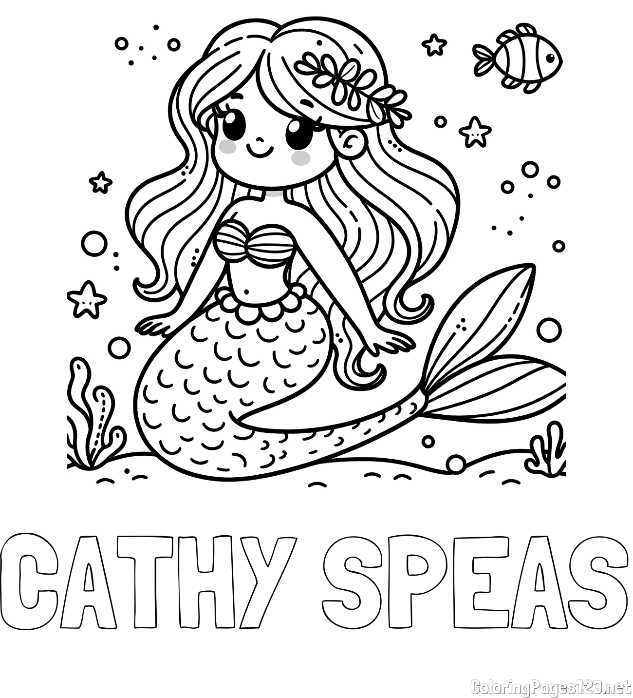 CATHY SPEAS Coloring Page and Coloring Page of a Cute Mermaid in the Sea