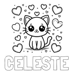 Online Created Coloring Page - CELESTE Coloring Page and Free Coloring Page of a Cat and Hearts