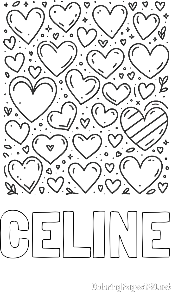 CELINE Coloring Page and Children's Coloring Page of Many Hearts