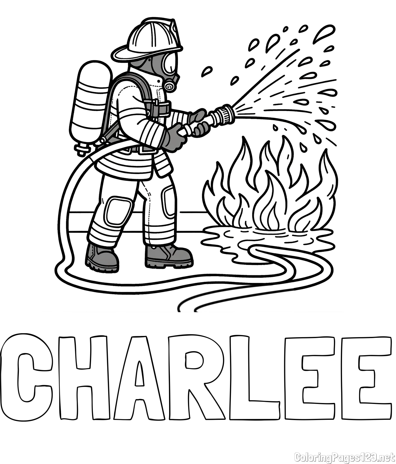 CHARLEE Coloring Page and A coloring page of a firefighter and a big fire