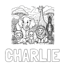 Online Created Coloring Page - CHARLIE Coloring Page and Beautiful Animal Coloring Page - Lion Family, Elephant, Giraffe, and Zebra