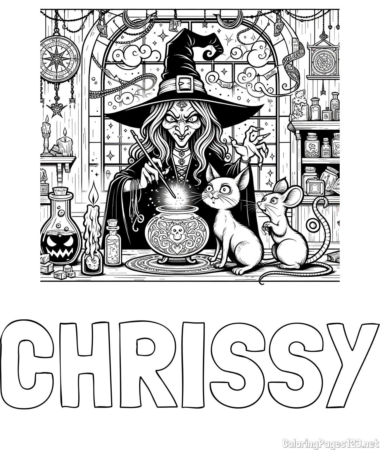 CHRISSY Coloring Page and Coloring Page of an Evil Witch, a Cat, and a Mouse
