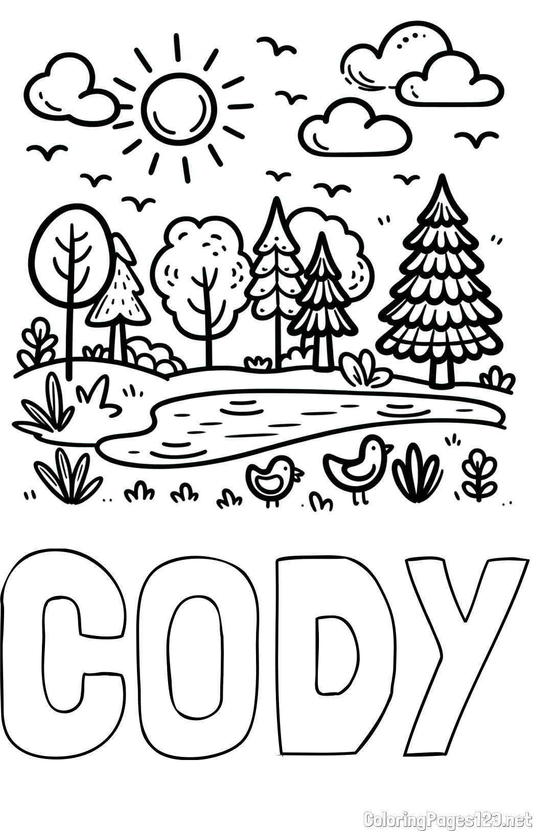 CODY Coloring Page and Summer Coloring Page - Pond, Ducks and Forest