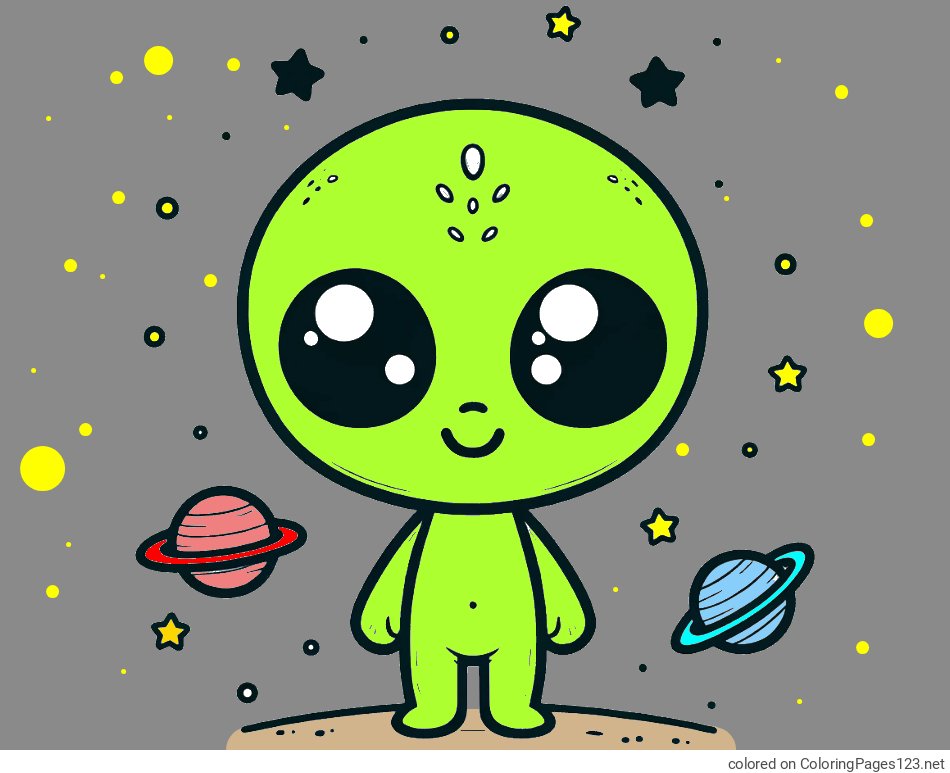 Colored coloring page - Cute Alien Coloring Page - Smiling with Planets and Stars