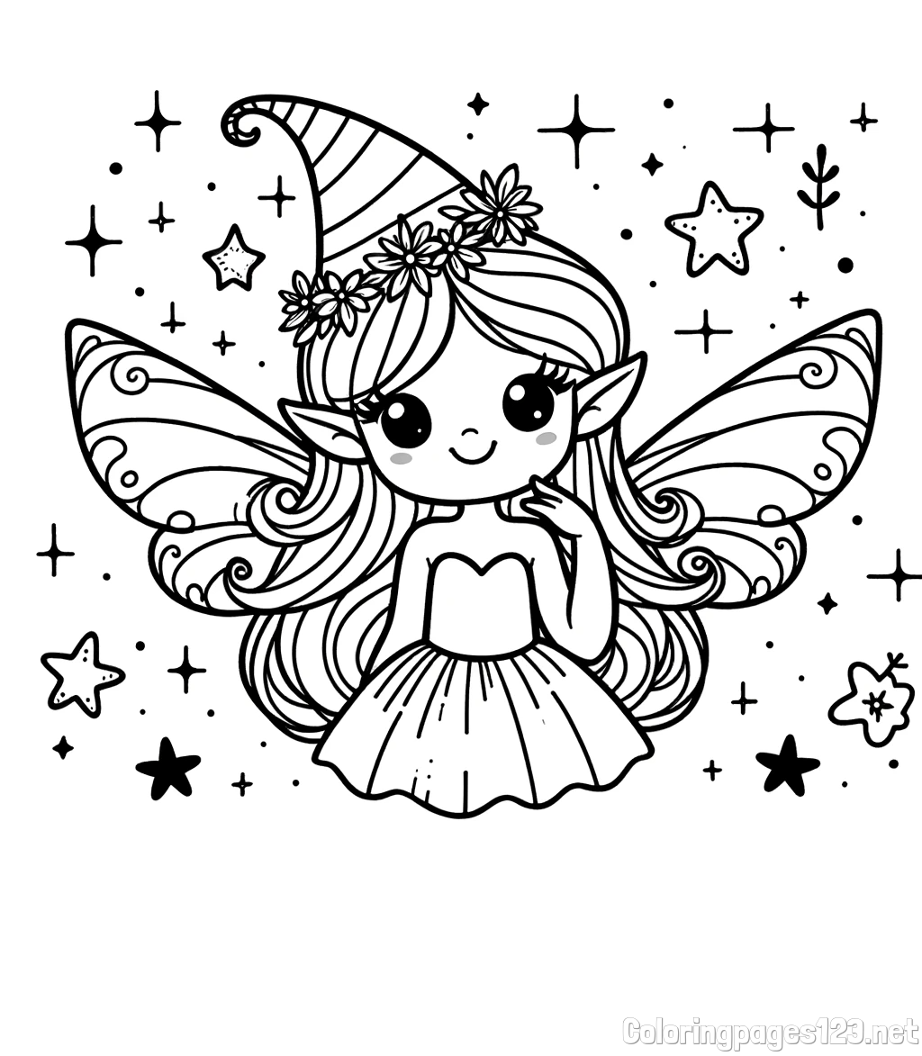 Coloring Page of a Cute and Smiling Magical Fairy
