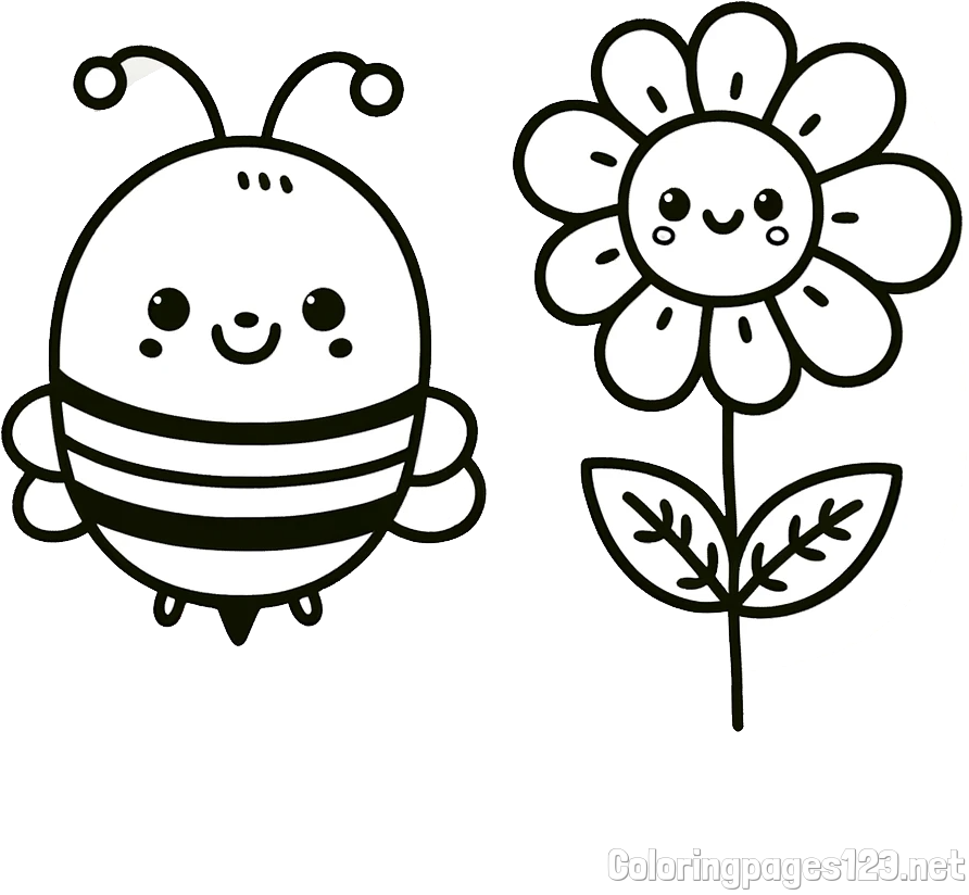 Coloring Page of a Cute Bee and Smiling Flowers
