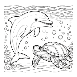 Coloring Book of a Cute Dolphin and Its Turtle Friend"