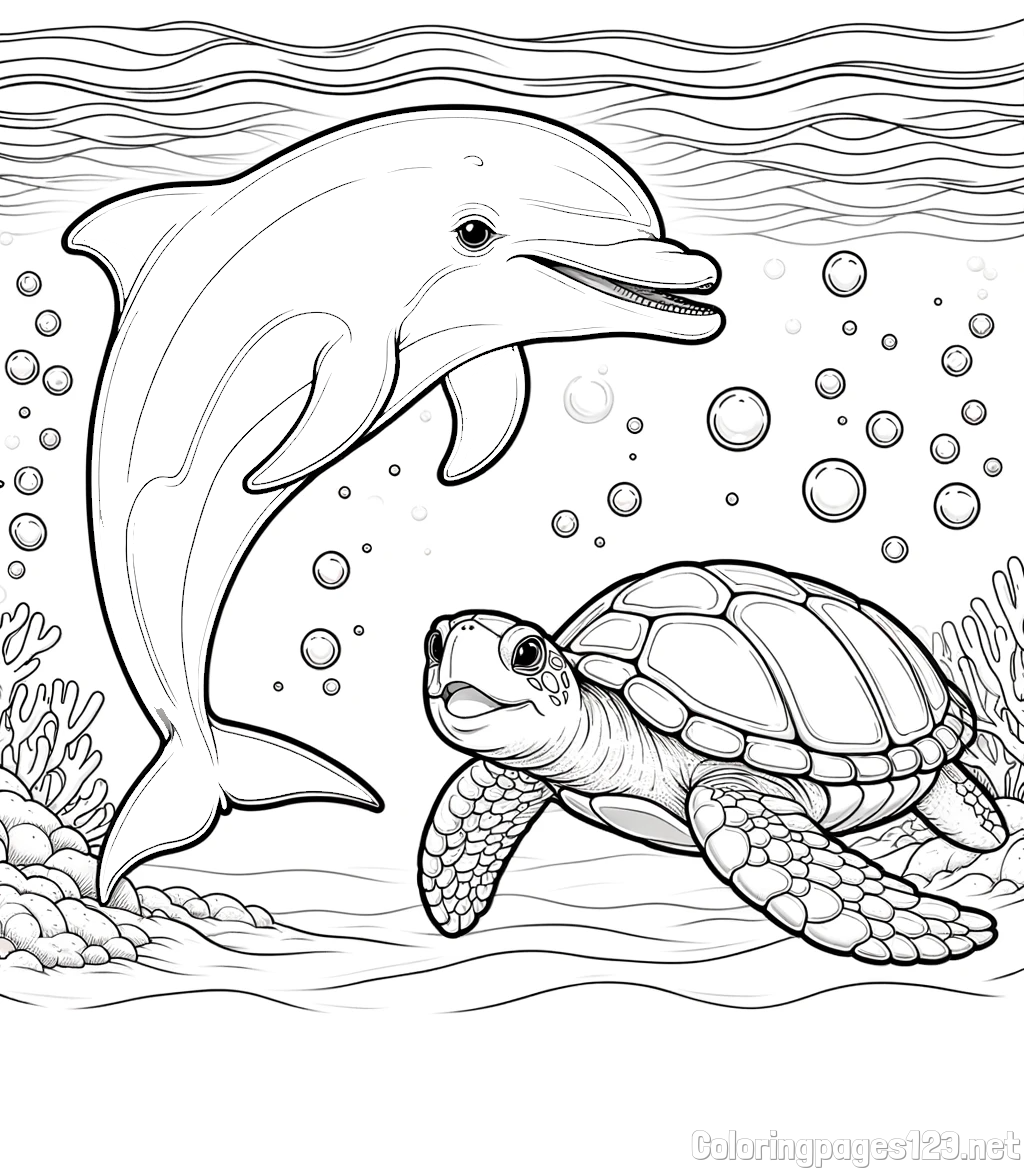 Coloring Book of a Cute Dolphin and Its Turtle Friend"