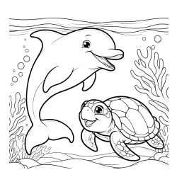 Coloring Book of a Cute Dolphin with a Turtle in the Sea