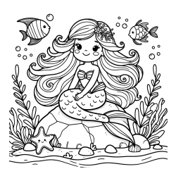 Coloring Page of a Cute Little Mermaid