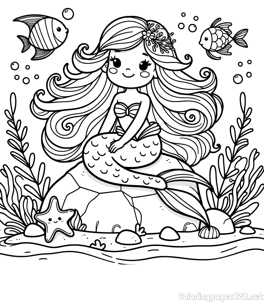 Coloring Page of a Cute Little Mermaid