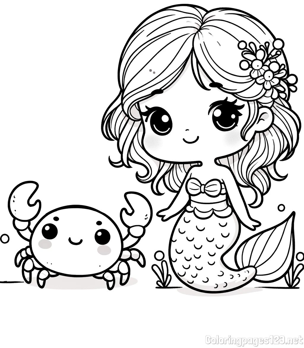 Coloring Page of a Cute Mermaid and a Cheerful Crab