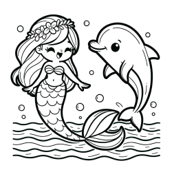 Coloring Page of a Cute Mermaid Dancing with a Dolphin