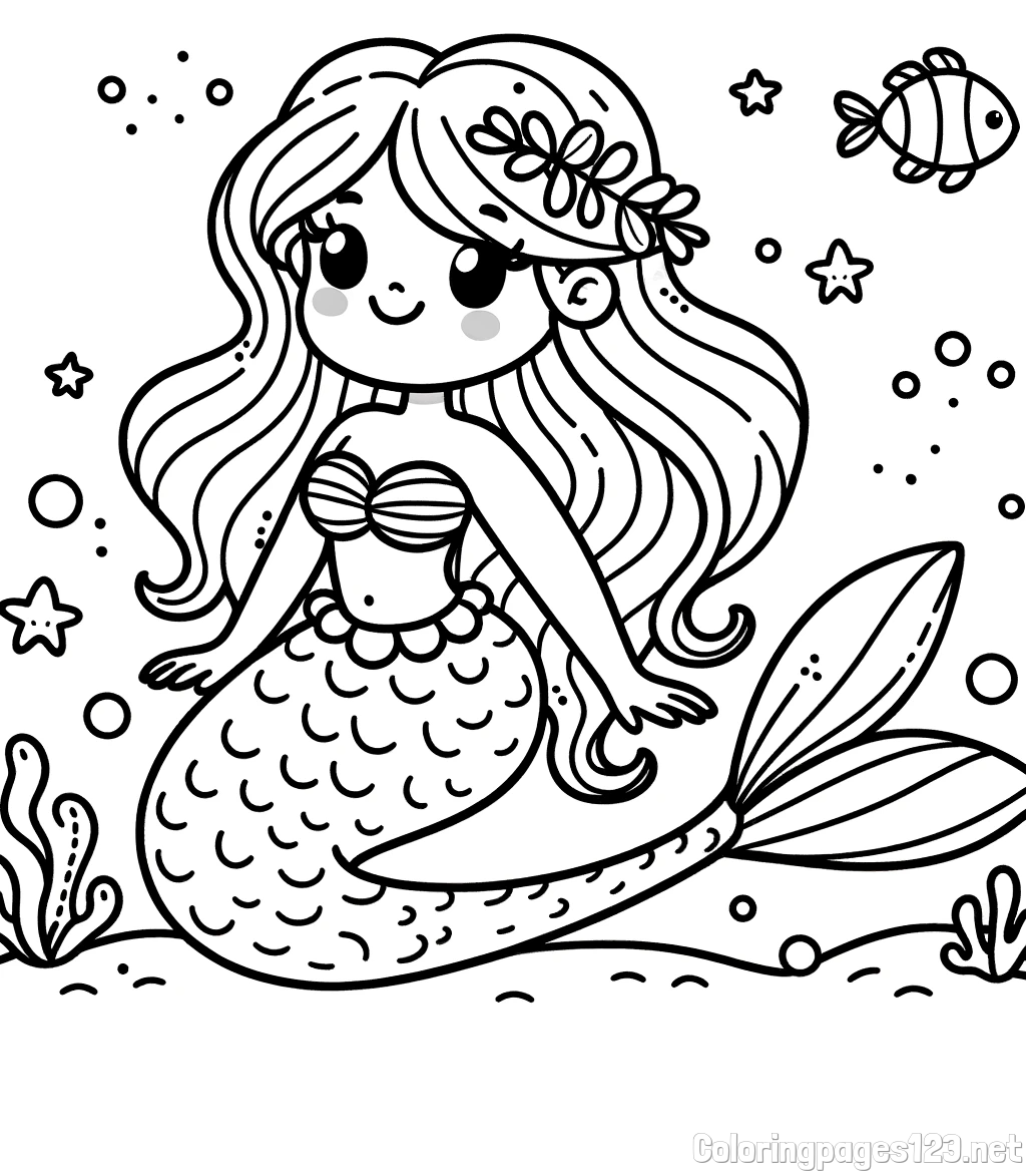 Coloring Page of a Cute Mermaid in the Sea