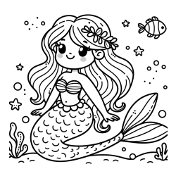 Coloring Page of a Cute Mermaid in the Sea