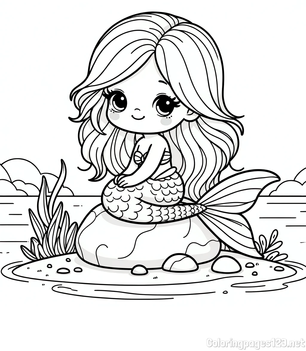 Coloring Page of a Cute Mermaid Sitting on a Stone