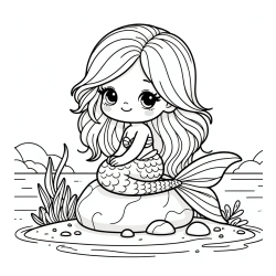 Coloring Page of a Cute Mermaid Sitting on a Stone