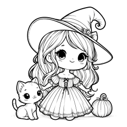 Coloring Page of a Cute Witch and a Cat