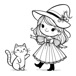 Coloring Page of a Cute Witch and a Subordinate Cat
