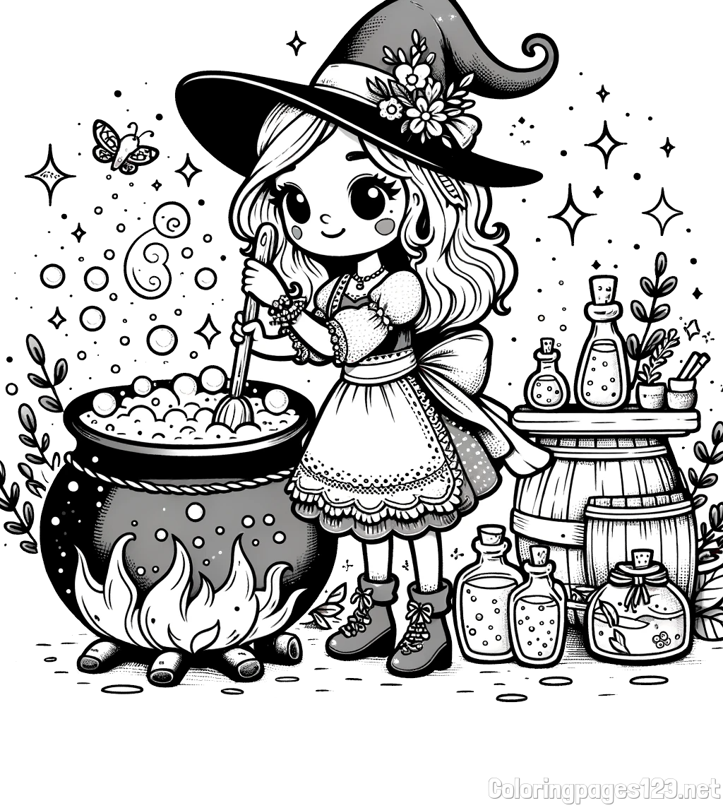 Coloring Page of a Cute Witch Preparing a Magic Potion