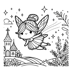 Coloring Page of a Fairy Flying Over a Fairy-Tale Landscape