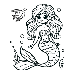 Coloring Page of a Little Mermaid and Fish